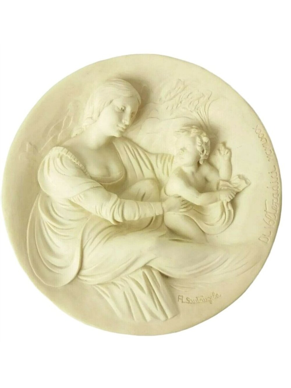 Italian Studio Art Madonna Child Plate Wall Decor Alabaster Alberto Santangela